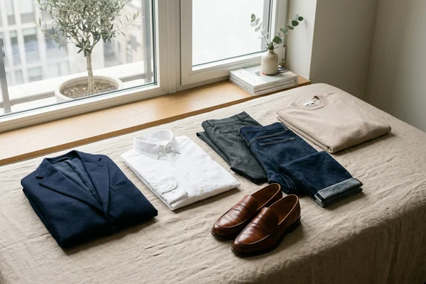 Selección cuidada de básicos masculinos: americana marina, camisa Oxford, pantalón neutro, jersey de punto y calzado de piel
