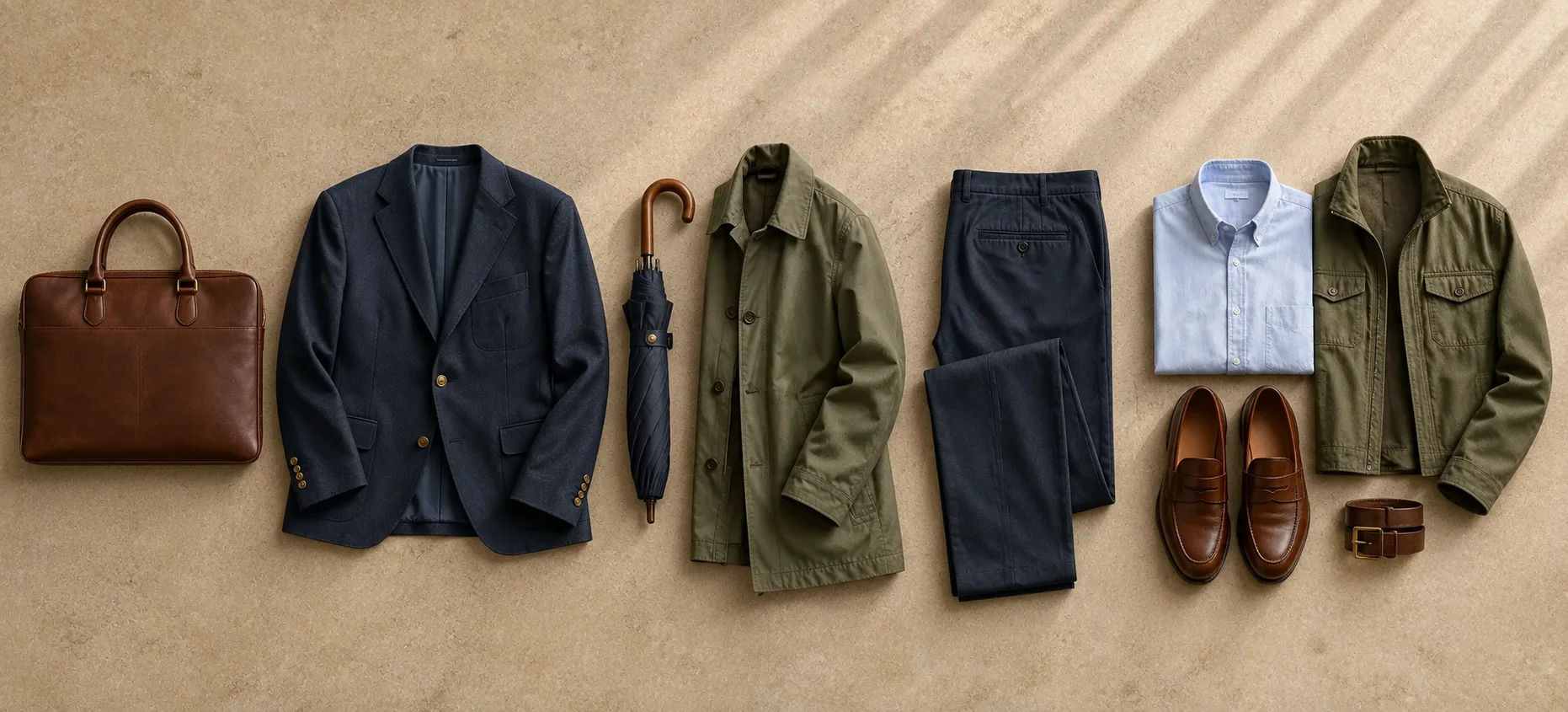 Work folio, navy blazer, umbrella, trousers, shirt, overshirt, loafers, and belt arranged to illustrate the five-step outfit decision process