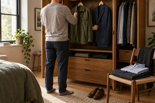 A man choosing between an olive overshirt and a navy blazer in his wardrobe before getting dressed