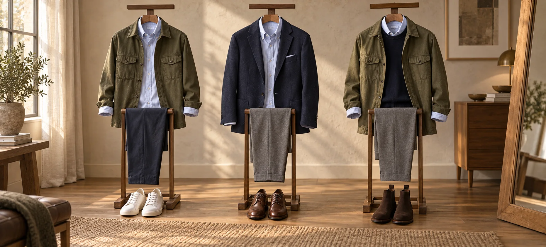 Three outfits built around the same light-blue Oxford shirt for the office, a client meeting, and an evening dinner